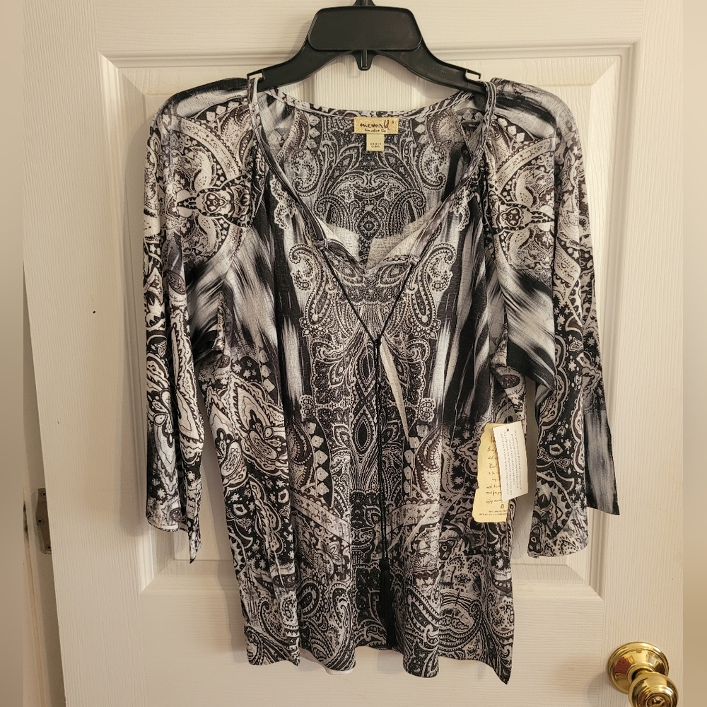 One World Boho Black and White Blouse Top